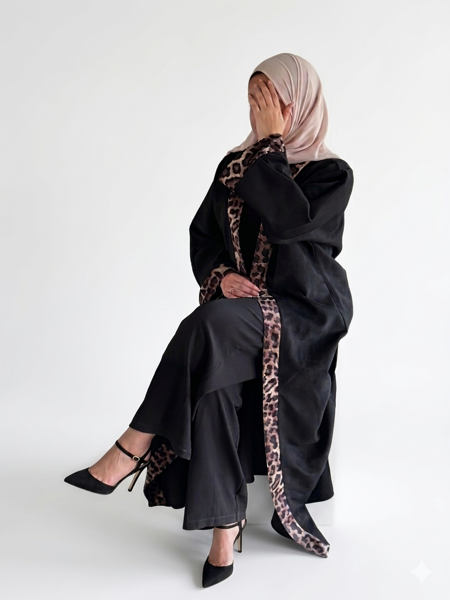Suede Abaya with tiger printed Edges-Black