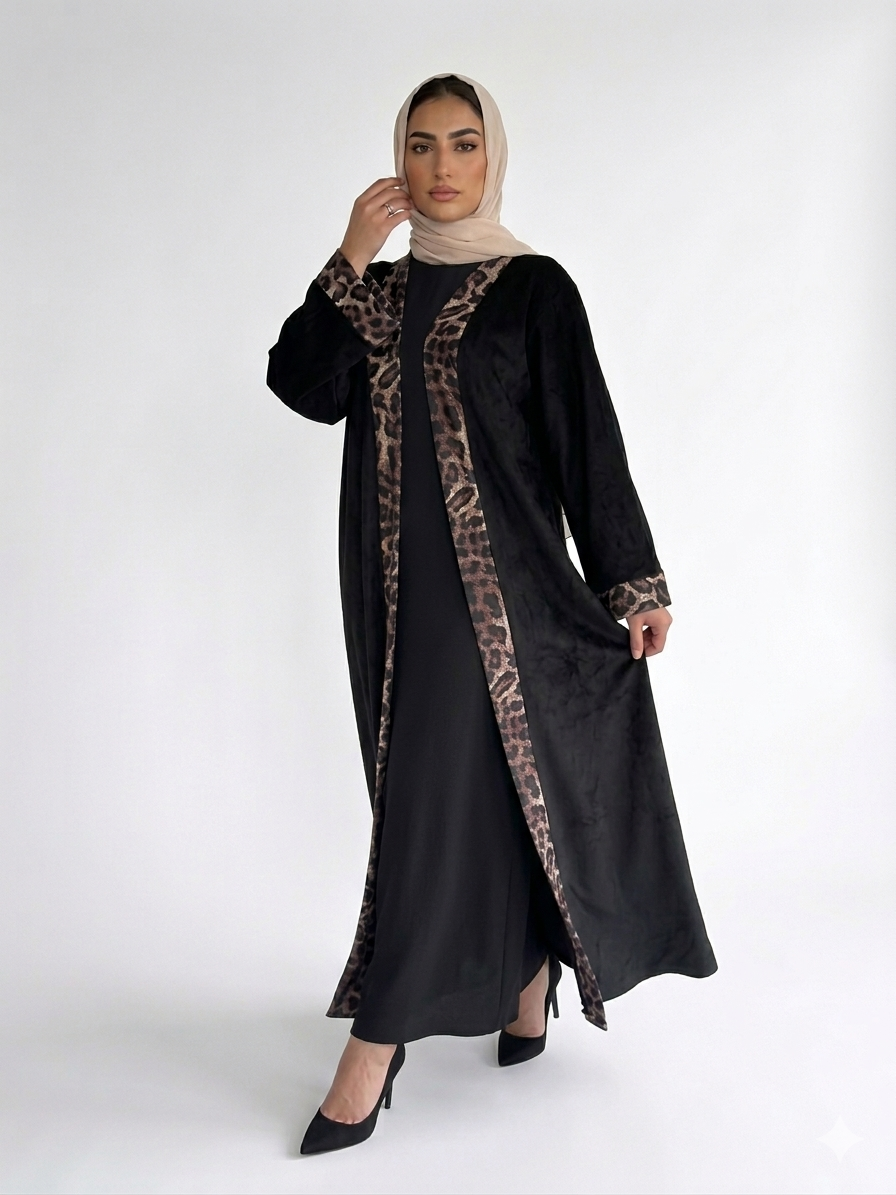 Suede Abaya with tiger printed Edges-Black