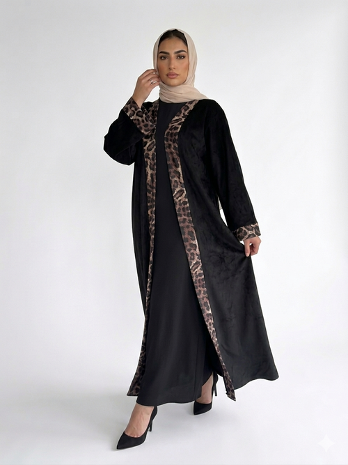 Suede Abaya with tiger printed Edges-Black