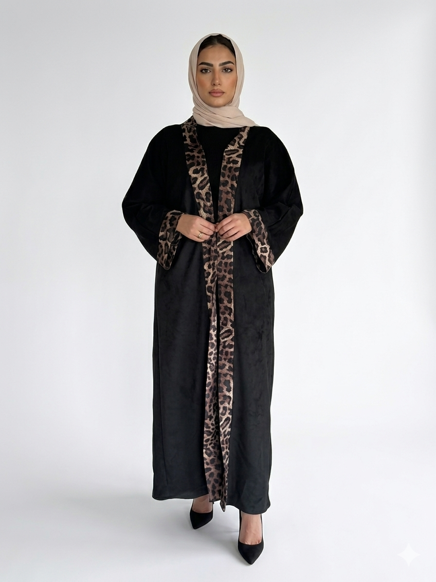 Suede Abaya with tiger printed Edges-Black