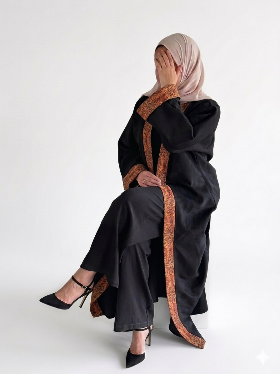 Suede Abaya with printed Edges-Black