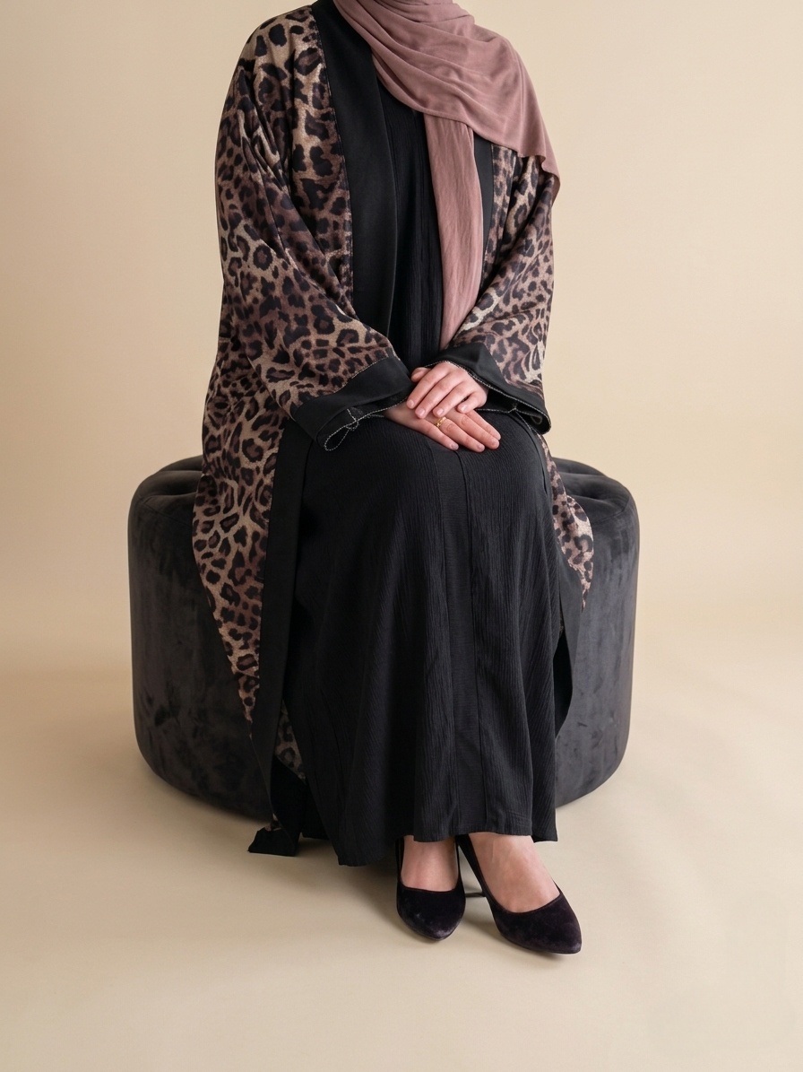 Suede tiger printed Abaya with Black Edges