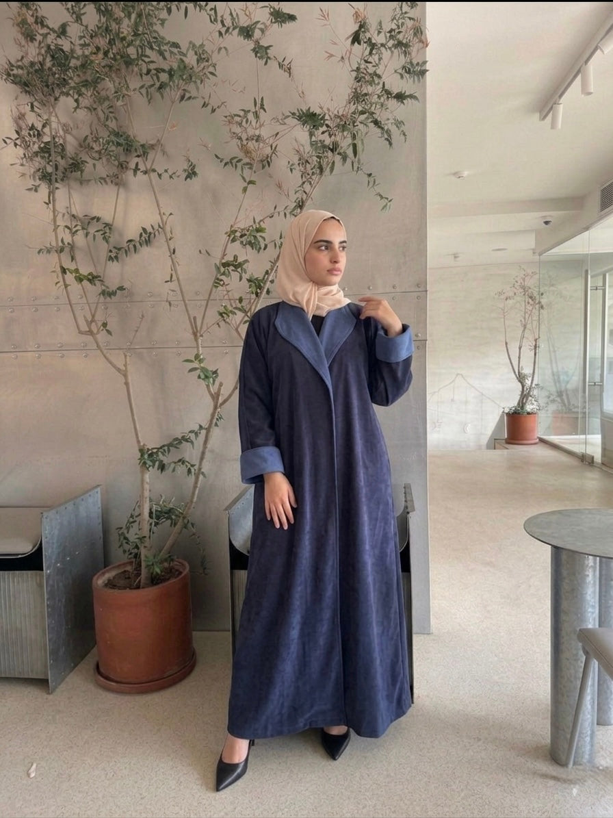 Suede Abaya with jeans edges- Dark Blue