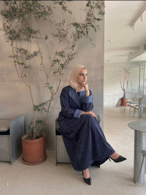Suede Abaya with jeans edges- Dark Blue