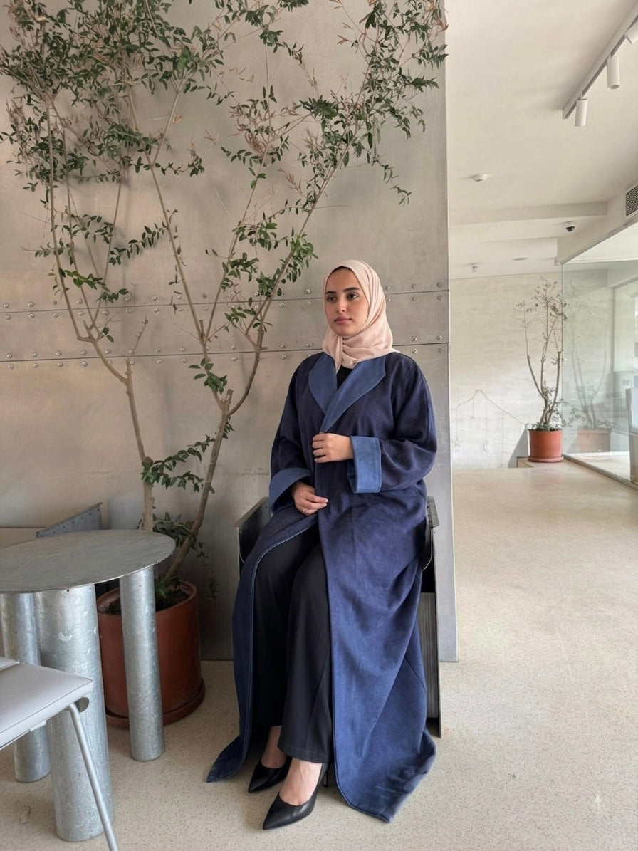 Suede Abaya with jeans edges- Dark Blue