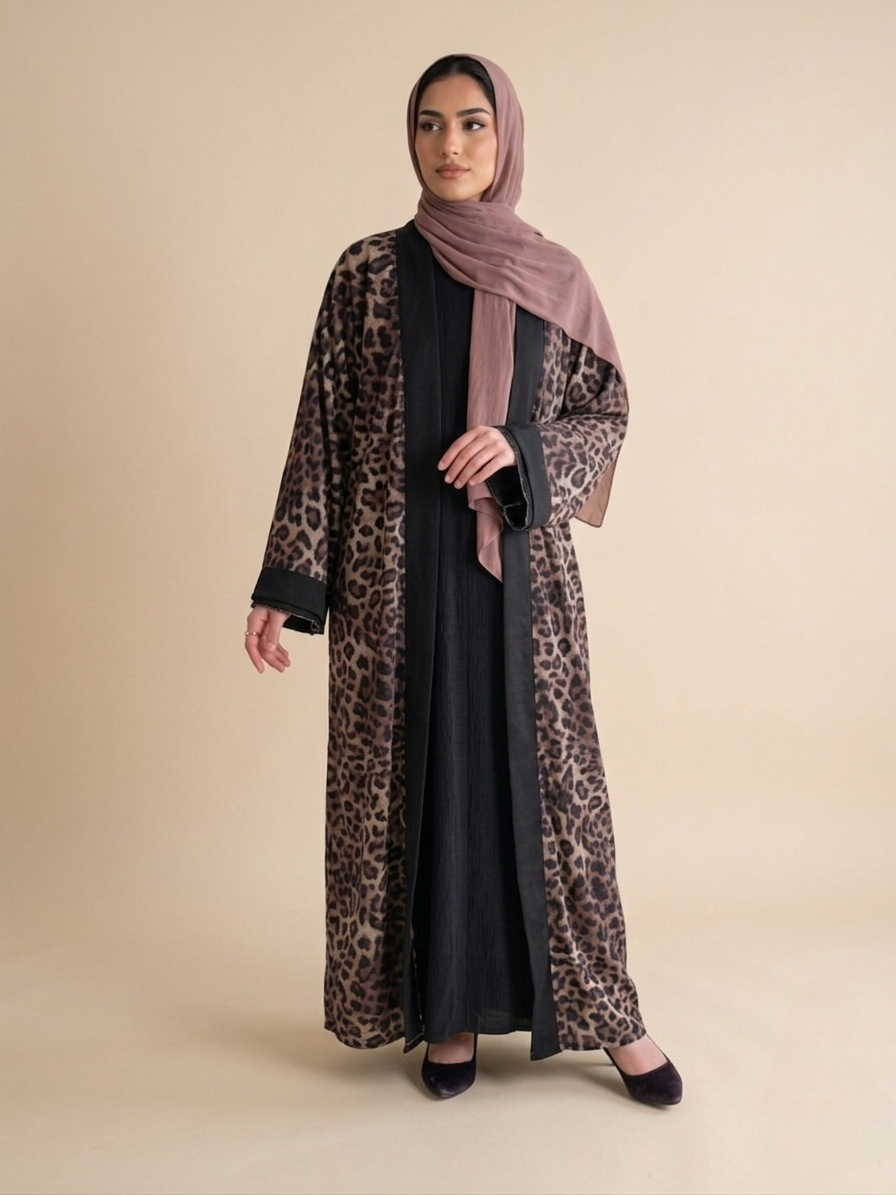 Suede tiger printed Abaya with Black Edges