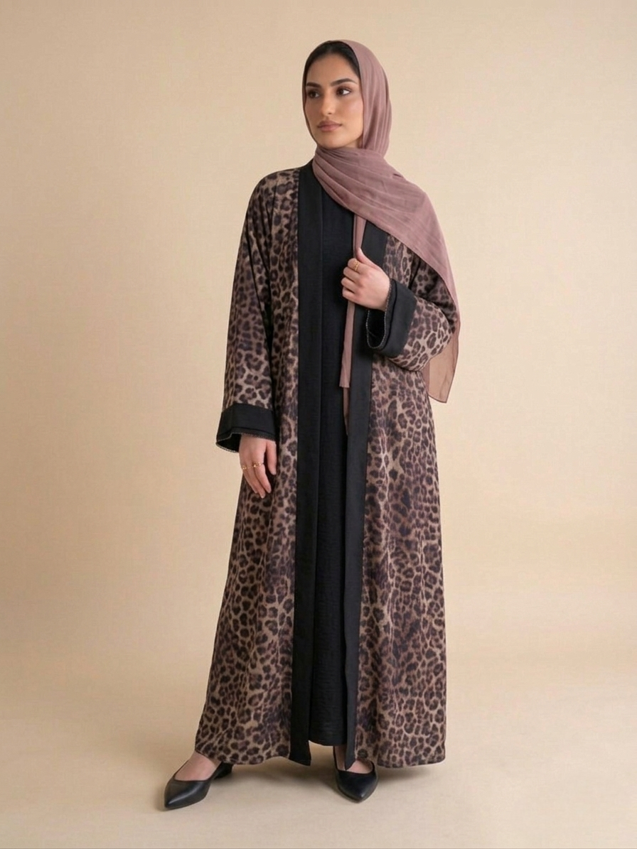 Suede tiger printed Abaya with Black Edges